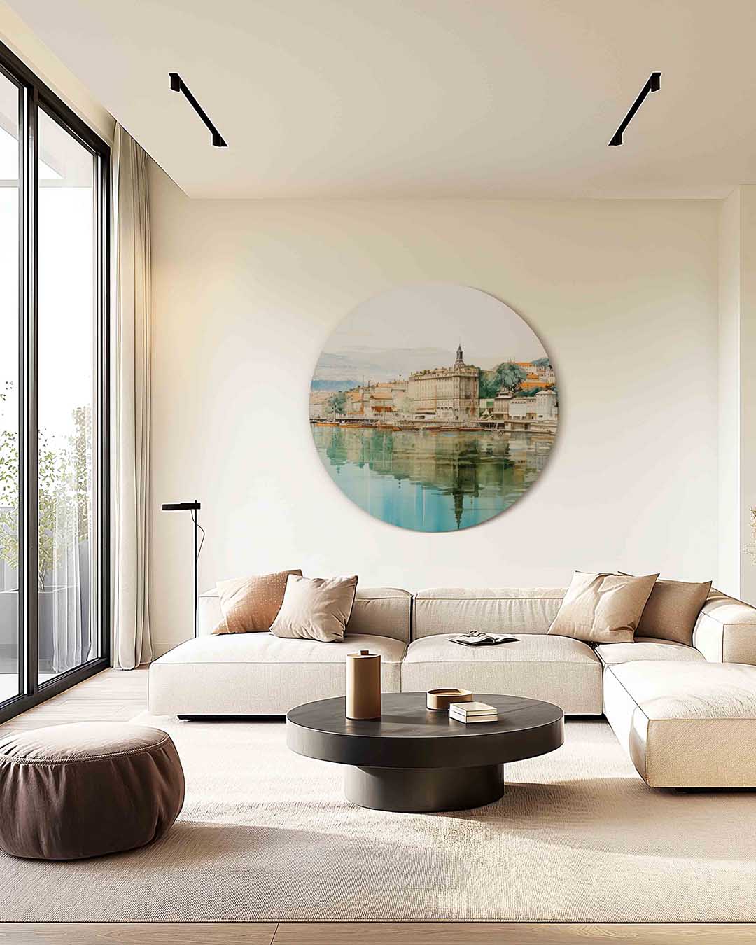 Stad aan het water – kleurrijke muurcirkel als ronde wanddecoratie