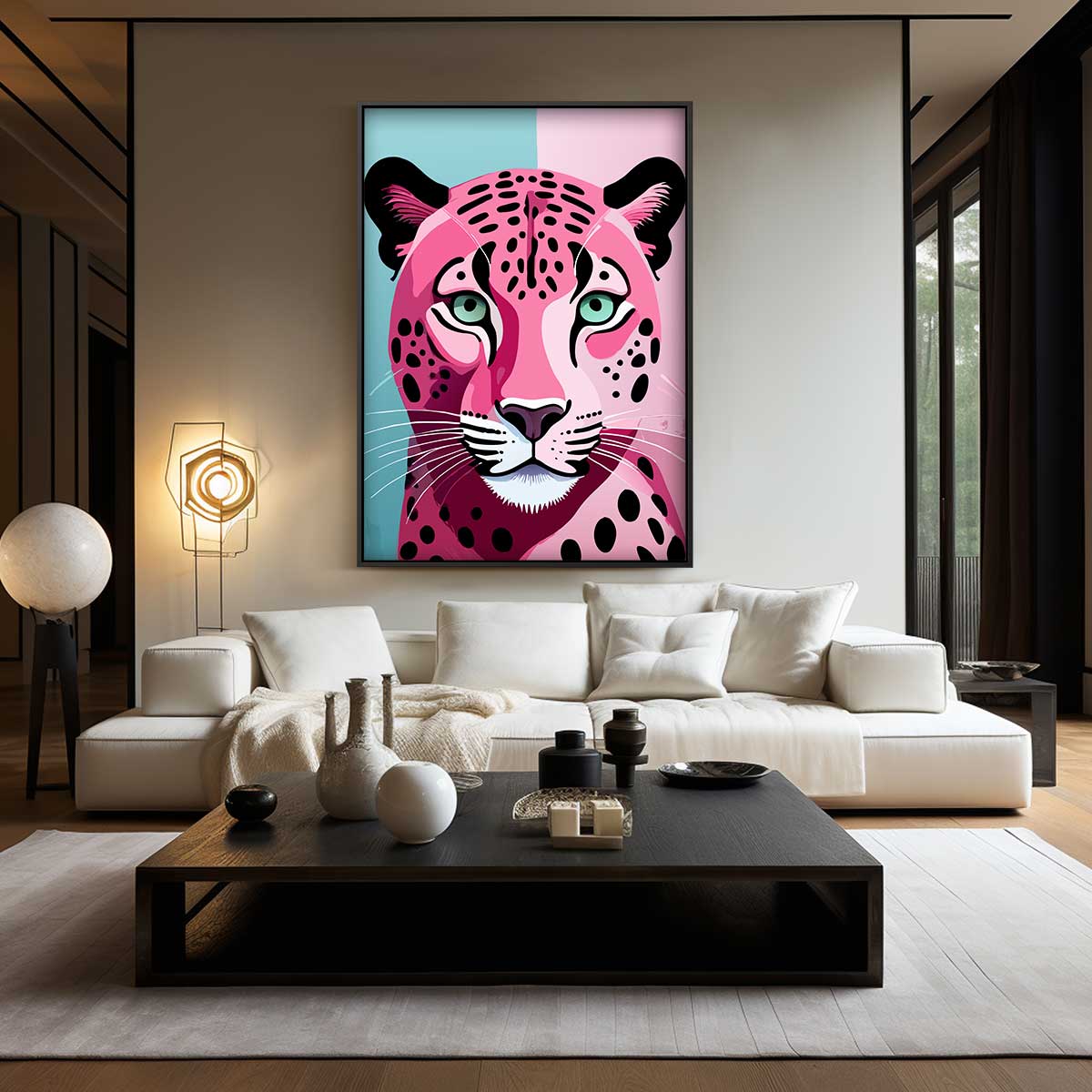 Kleurrijke Luipaard Expressie – kunstwerk met zwarte baklijst