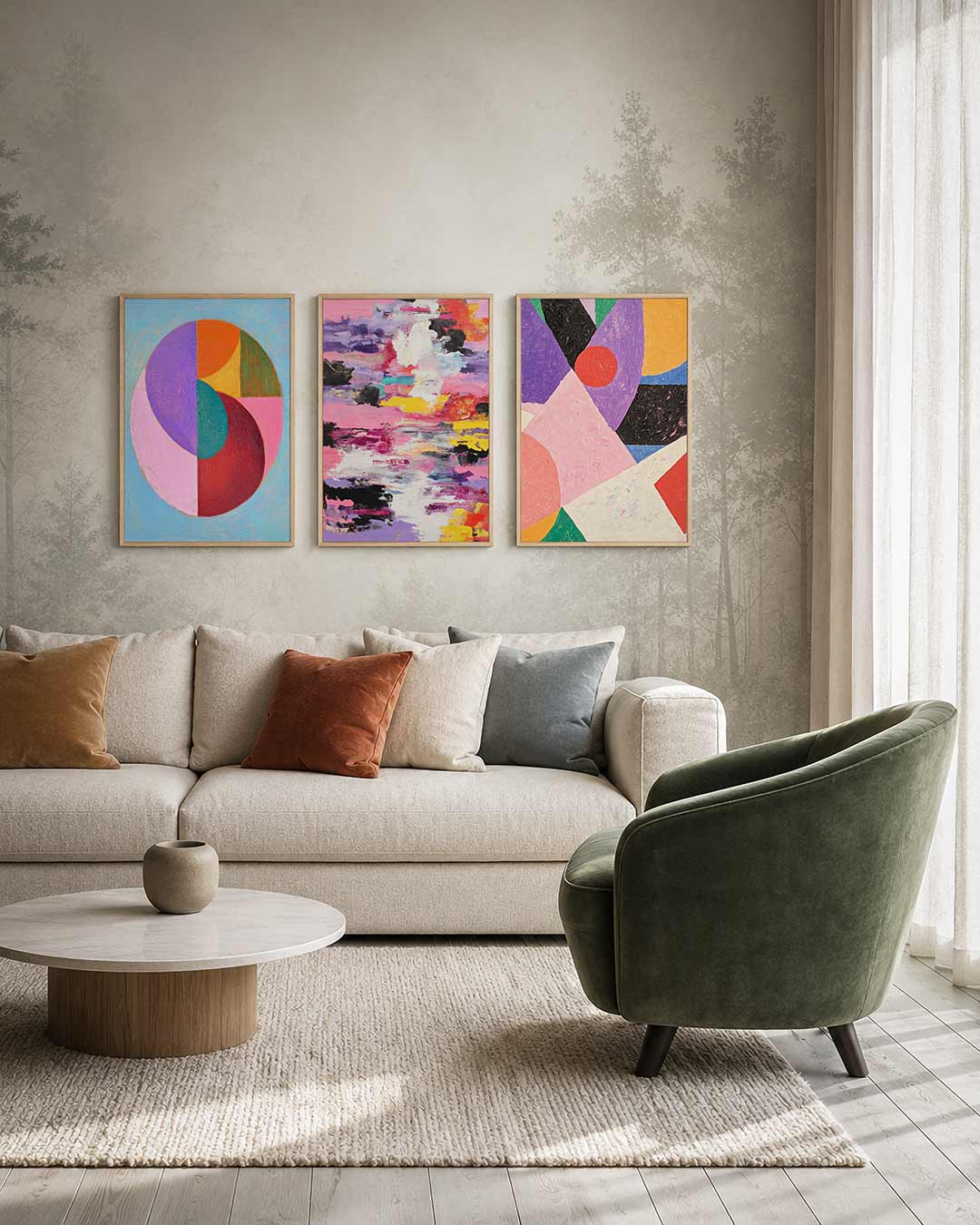 Kleurrijke cirkelcompositie driedelige posterset – deze posterset in drie delen toont een levendige cirkel met