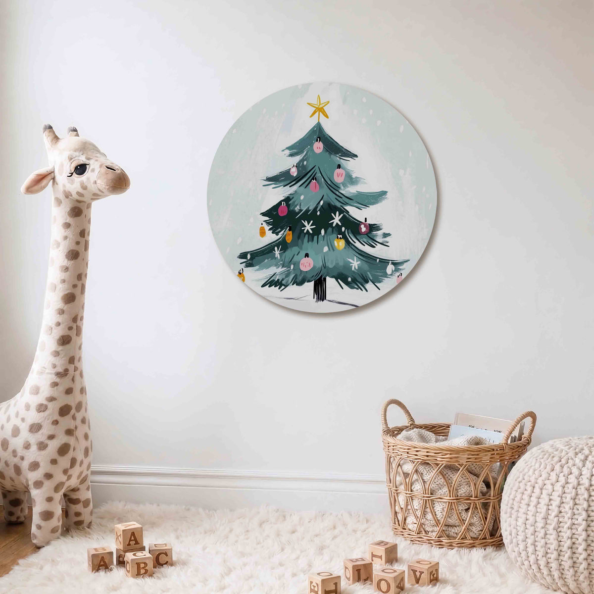 Kerstboom met versiering Muurcirkel – Een groene kerstboom met kleurrijke ballen en een gele ster.