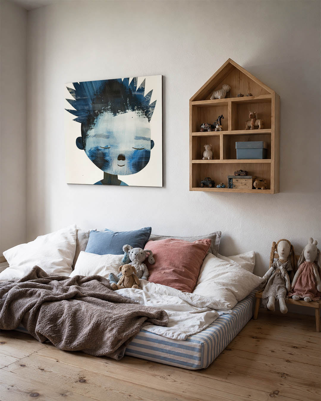 Dromerig portret kunstwerk – derde productweergave – dit kunstwerk toont een dromerig gezicht met gesloten ogen in blauw en