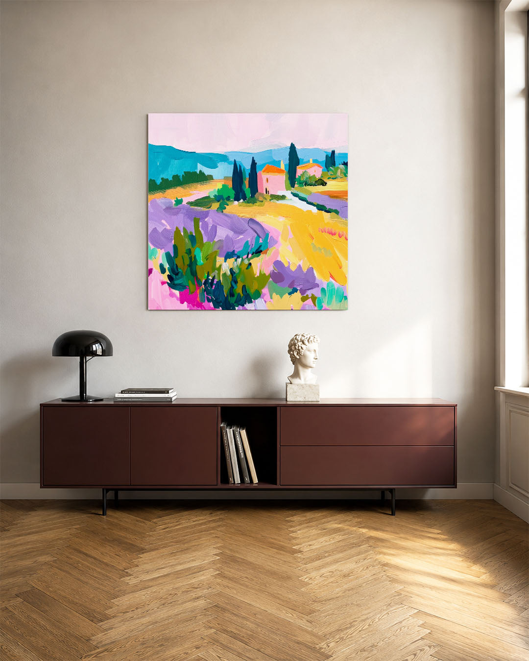 Kleurrijk landschap kunstwerk – tweede productweergave – dit werk toont een levendig landschap met golvende lijnen en