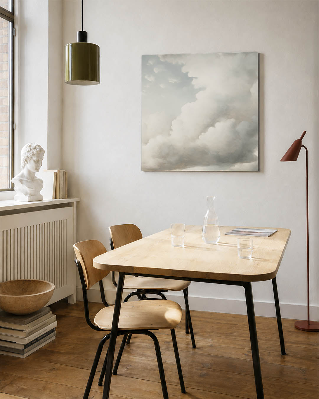 Dromerige wolkenlucht kunstwerk – detailweergave – dit werk toont een wolkenlucht met zachte overgangen tussen wit en grijs.