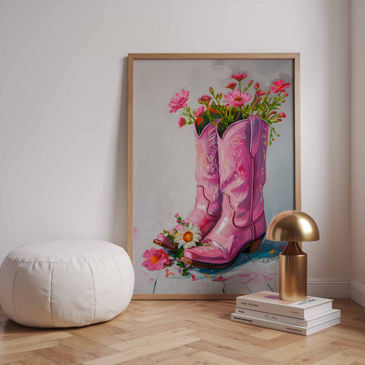 Roze Cowboylaars Bloemenpracht – urban poster in staand formaat