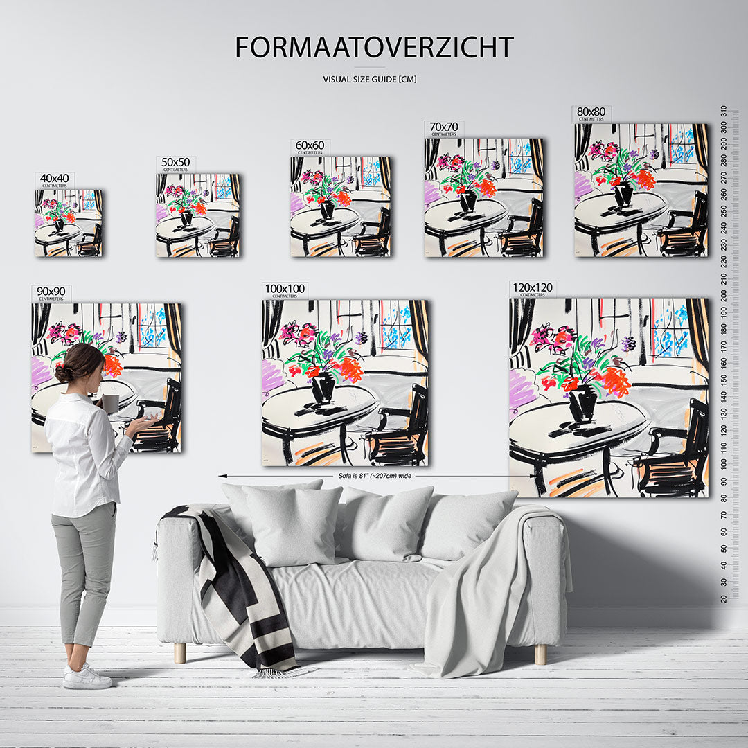 Kleurrijke interieurtekening kunstwerk – sfeerbeeld – dit toont een levendige interieurtekening met vloeiende lijnen en