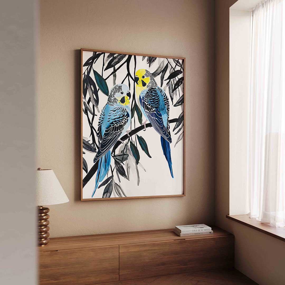 Papegaaien op tak – dierenillustratie als portret poster