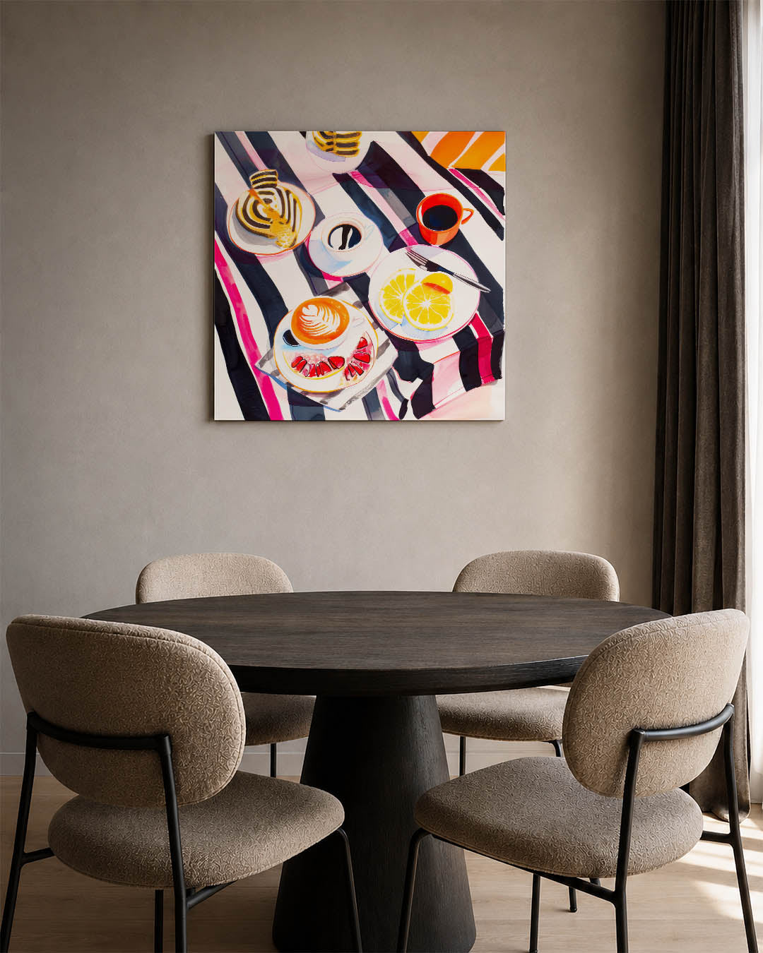 Vrolijk ontbijt tafereel kunstwerk – vierkante wanddecoratie – dit kunstwerk toont een levendig tafereel van een ontbijt met