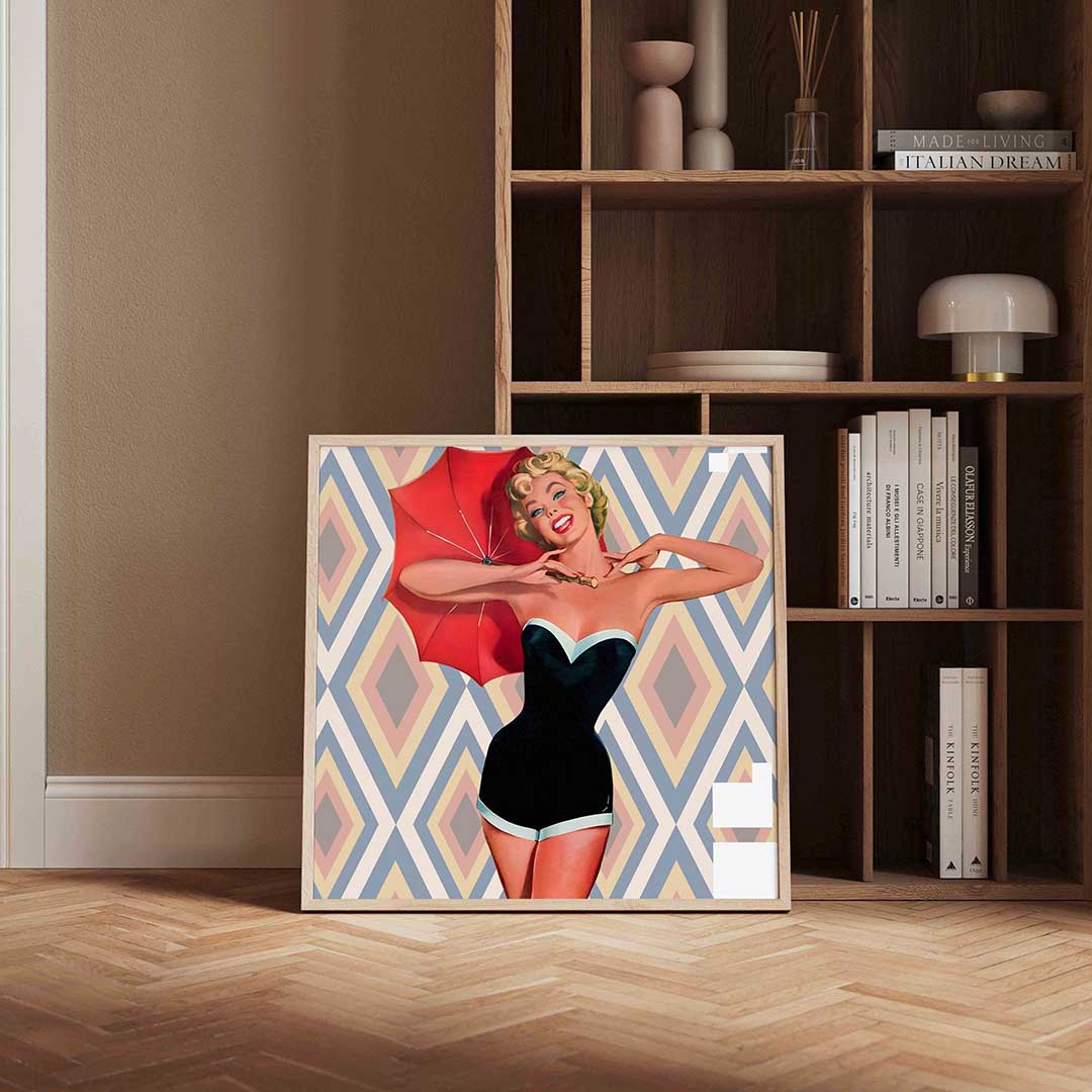 Vrouw met rode parasol – kleurrijke Pop Art poster in vierkant formaat