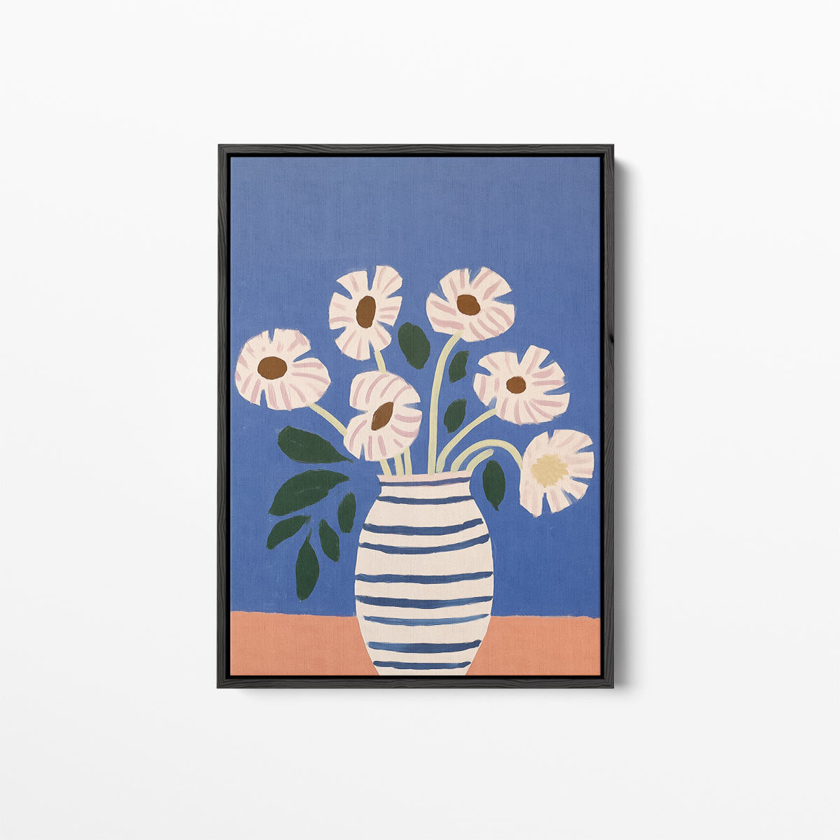 Stralende Bloemen in Gestreepte Vaas – canvas kunstwerk als wanddecoratie