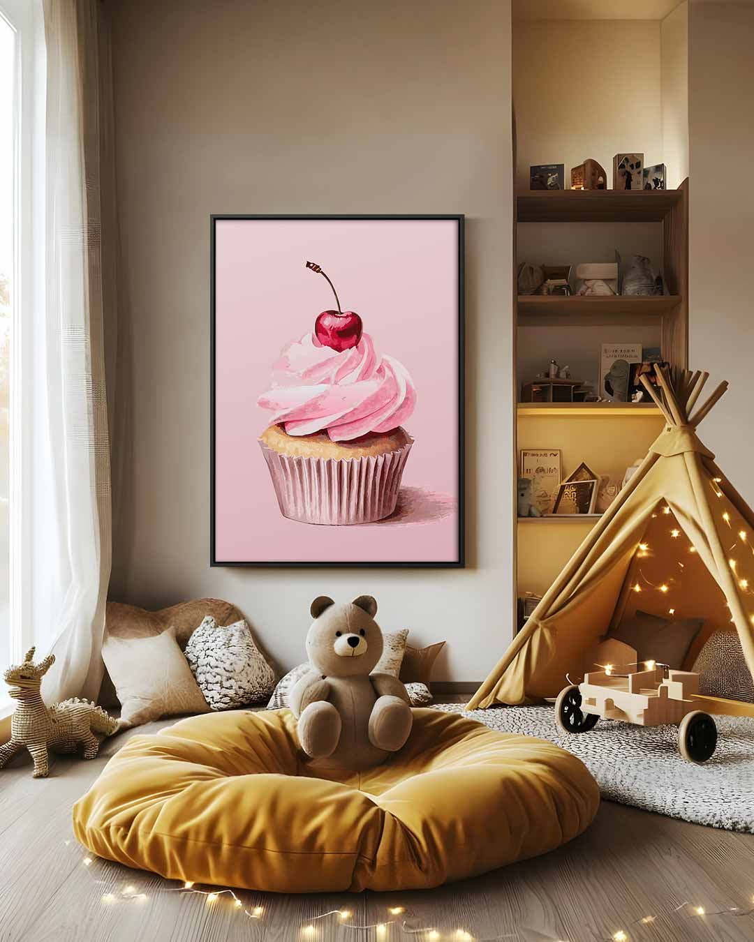 Cupcake Delight met Kers – modern portret kunstwerk van WallArtistic
