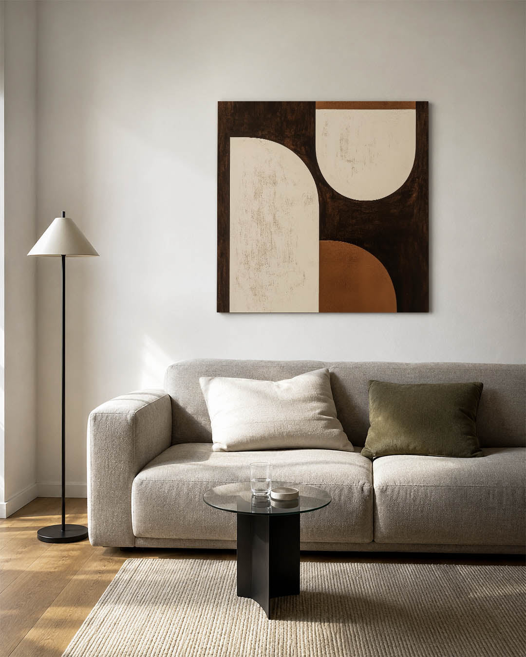 Geometrische vormen compositie kunstwerk – vierkante wanddecoratie – dit werk toont een compositie van grote, ronde en