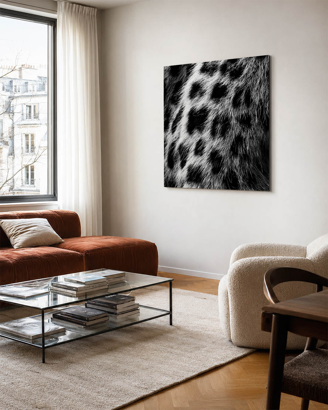 Dierenprint textuur kunstwerk – vierkante wanddecoratie – dit kunstwerk toont een gedetailleerde zwart-wit textuur van