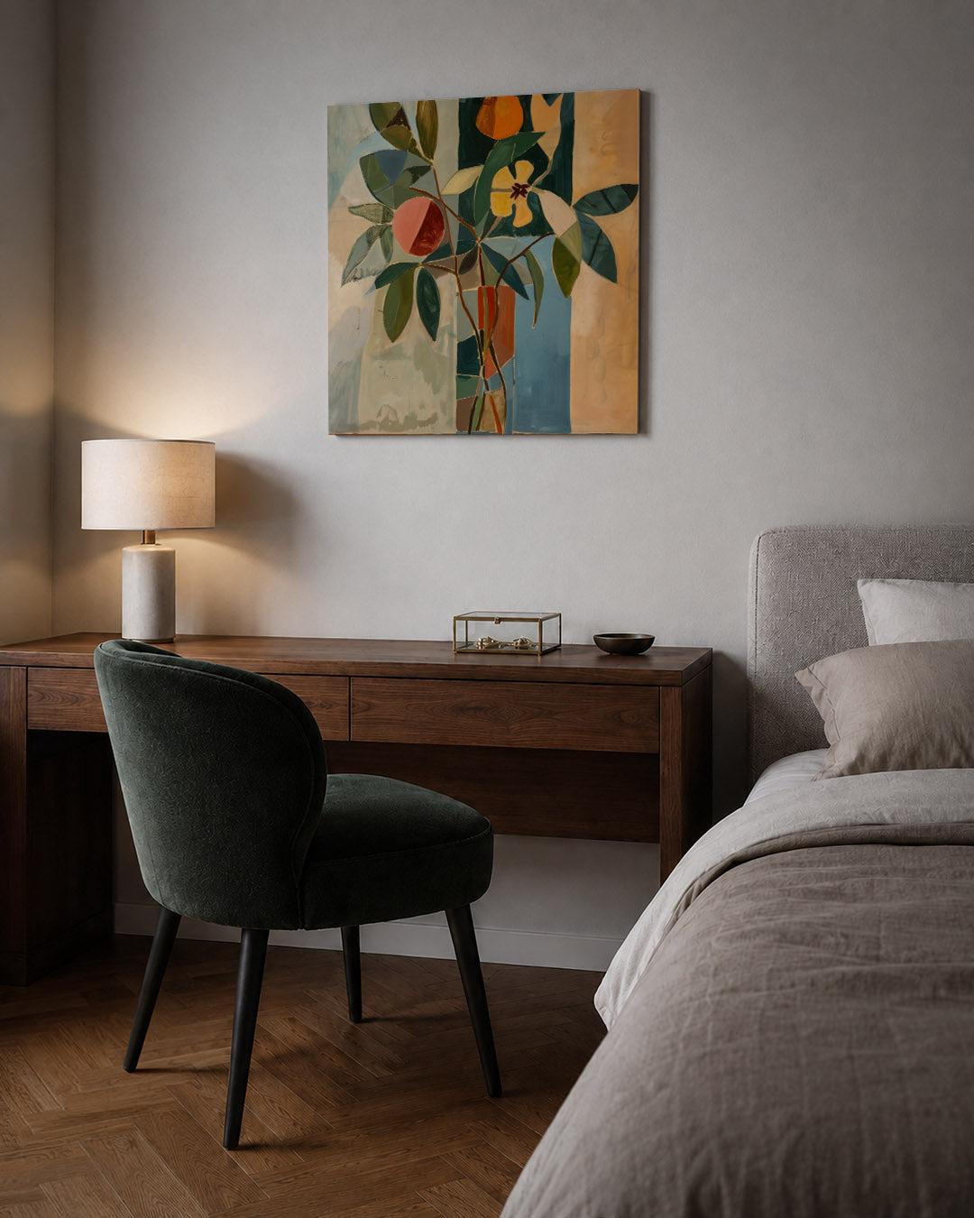 Geometrische bloemvormen kunstwerk – sfeerbeeld – dit werk toont een compositie van geometrische vormen en bloemmotieven. De
