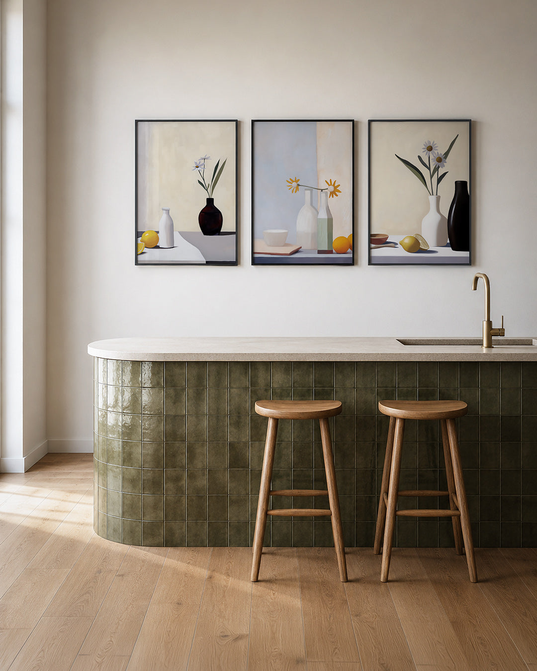 Vorm en balans posterset – tweede productweergave – een vaas met bloemen en een fles op een tafel