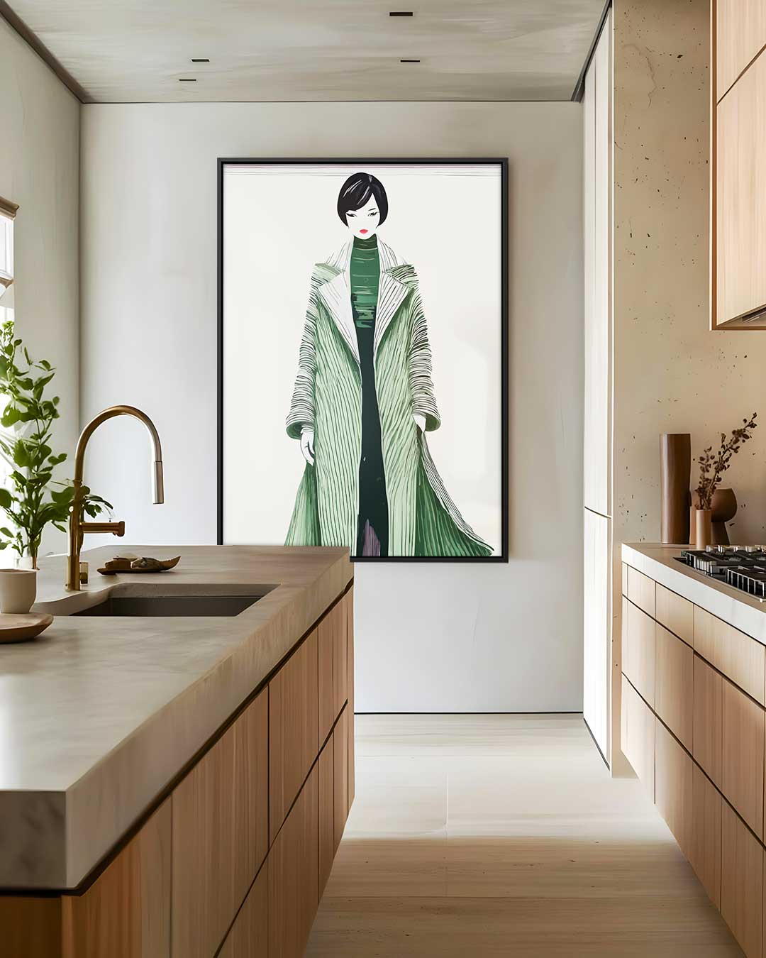 Moderne Modekunst met Groene Jas – dibond wanddecoratie in staand formaat