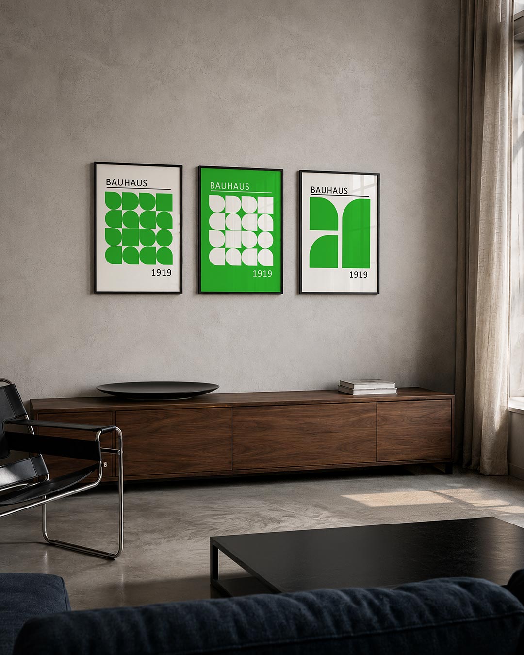 Groene vormenritme driedelige posterset – deze posterset in drie delen toont een speelse ordening van groene vormen. De