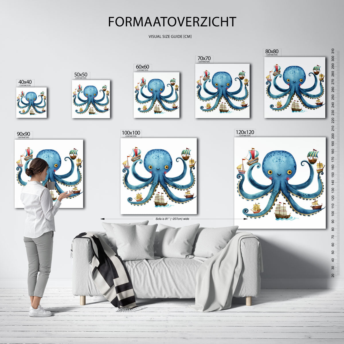 Blauwe octopus met schepen – vierkante muurposter voor de kinderkamer