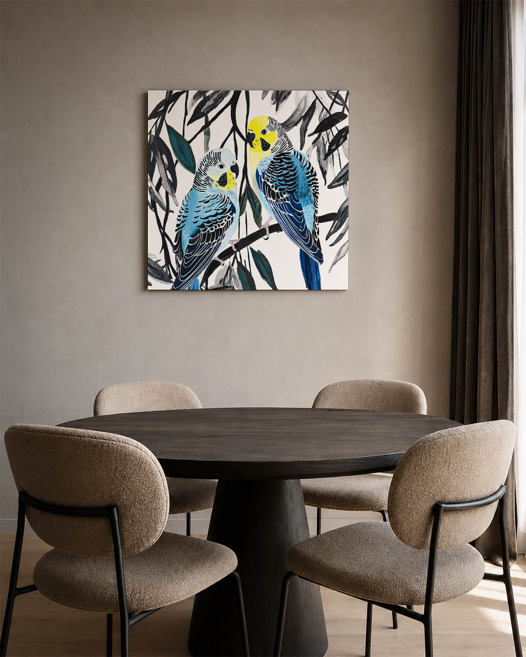 Vogels op tak kunstwerk – derde productweergave – twee kleurrijke vogels zitten op een tak, omringd door bladeren. De