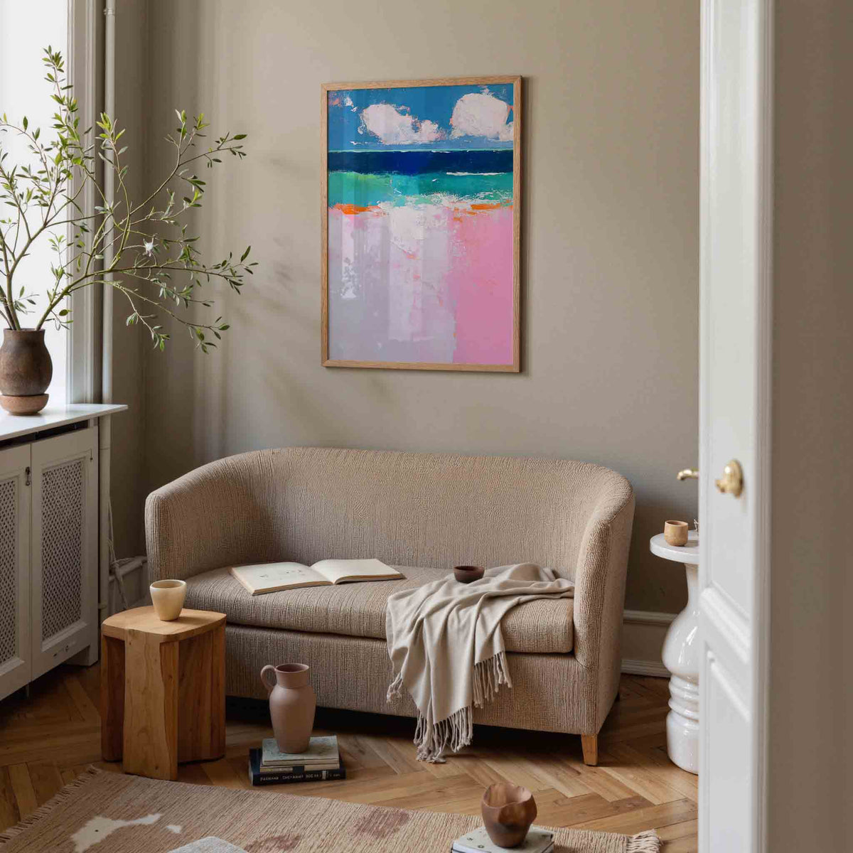 Landschap met roze en blauw – illustratie poster in staand formaat