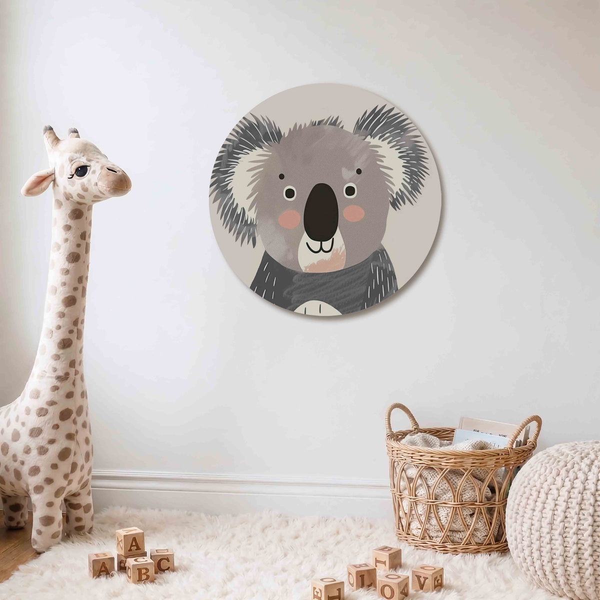 Koala portret Muurcirkel – Een koala met grijze en roze tinten op een lichte achtergrond.