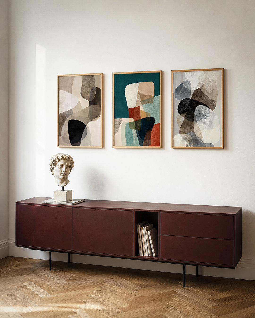 Vloeiende vormen posterset – detailweergave – deze posterset in drie delen toont zachte, overlappende
