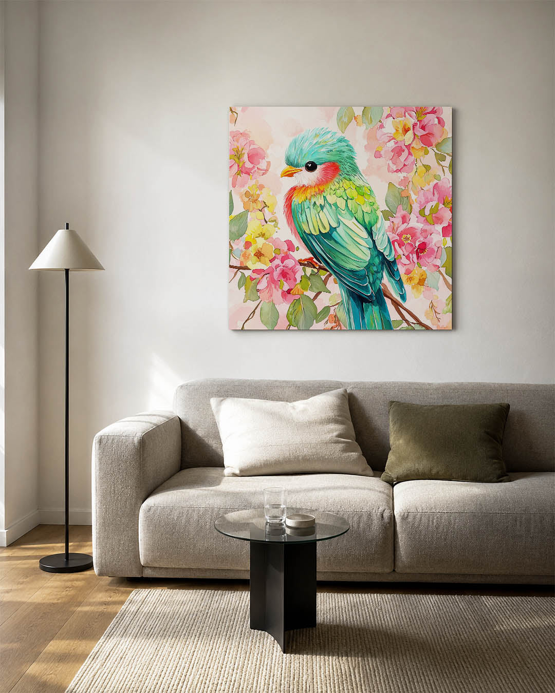 Vrolijke vogel en bloemen kunstwerk – detailweergave – dit werk toont een kleurrijke vogel omringd door levendige bloemen. De