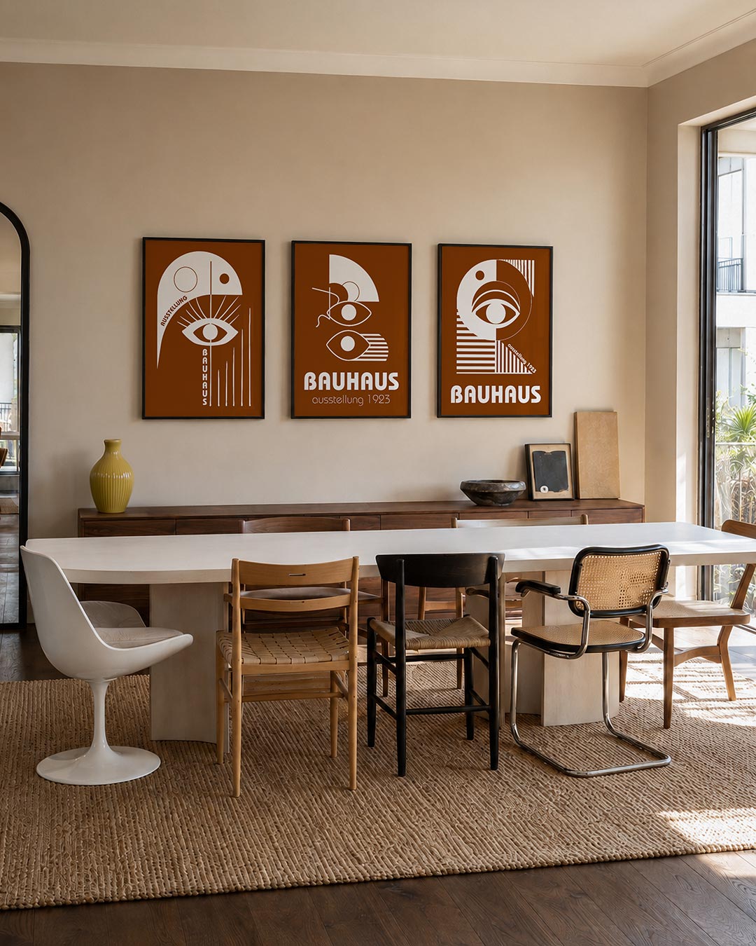 Oog en lijnen posterset – tweede productweergave – deze posterset in drie delen toont een wit oog met stralen op een bruine