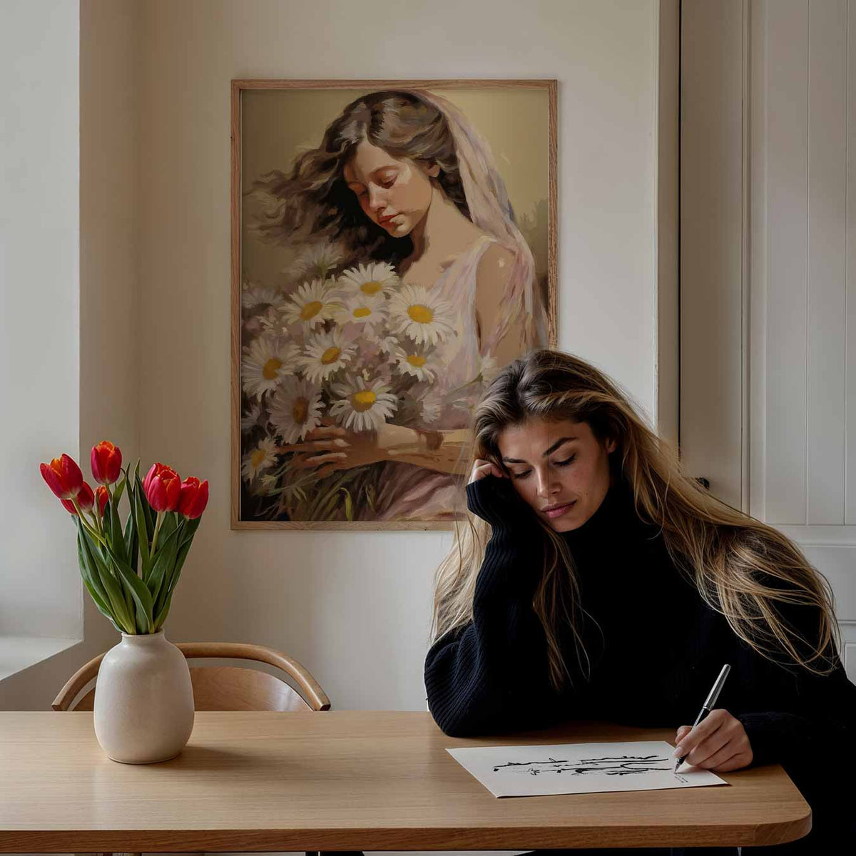 Vrouwelijke Zachte Bloemenpracht – paasposter in staand formaat