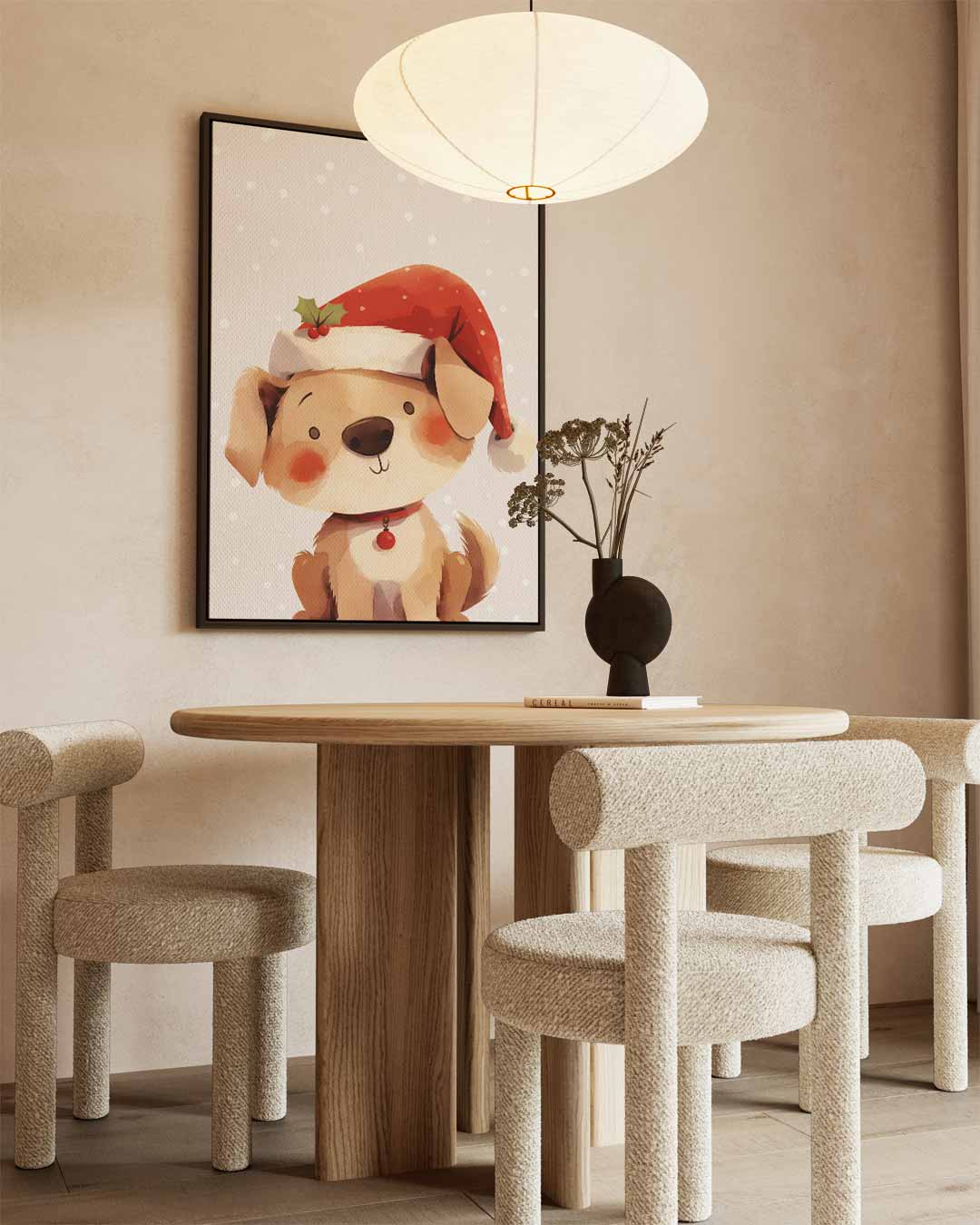 Kerstige Hond met Kerstmuts – kunstwerk met zwarte baklijst