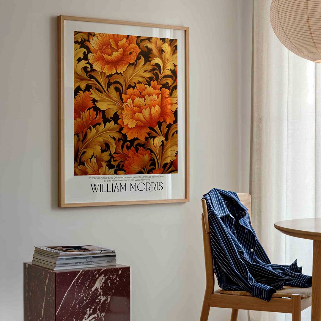 Bloemmotief met oranje en goud – William Morris poster in staand formaat
