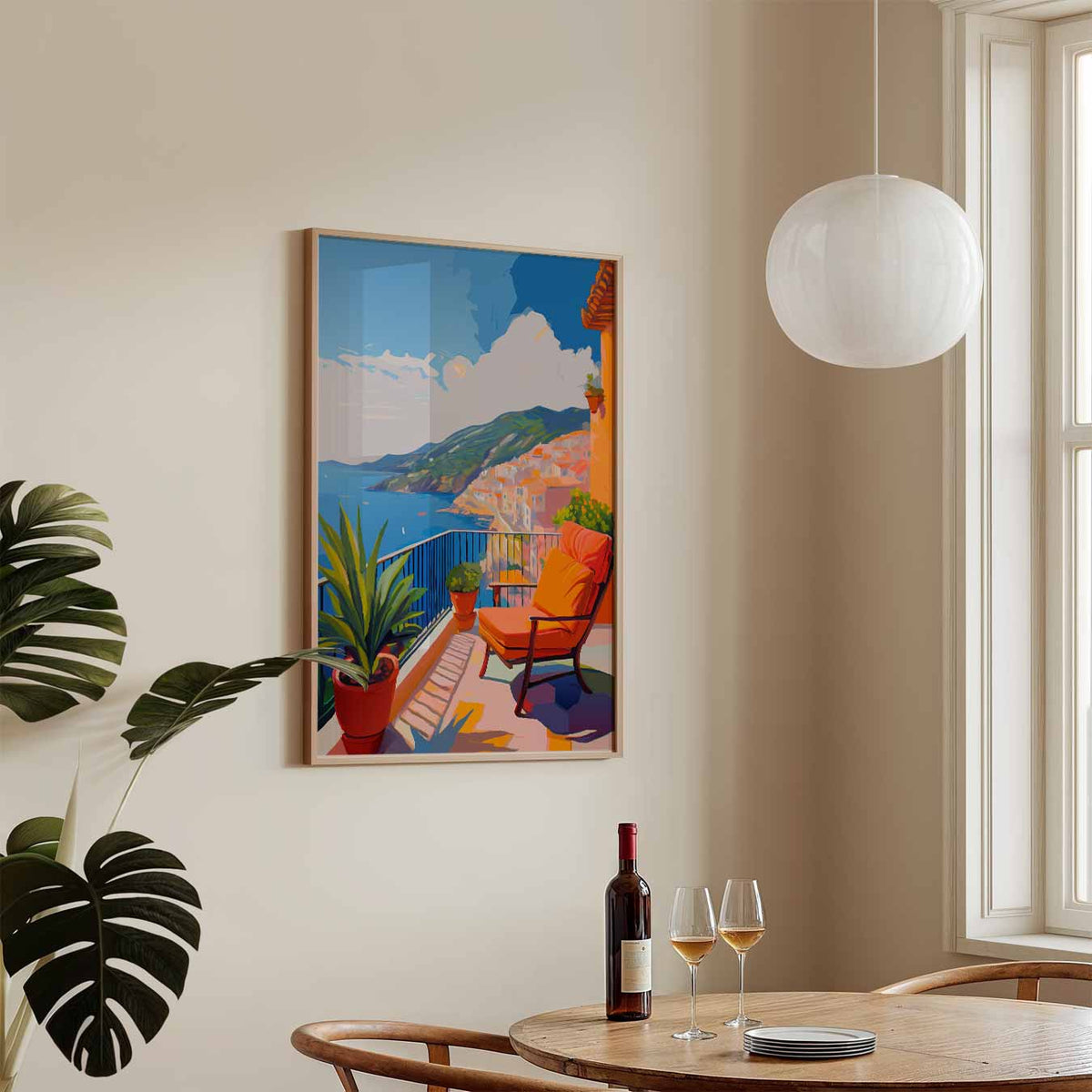 Droomuitzicht vanaf een Zonovergoten Balkon – zomerse wandkunst als portret poster
