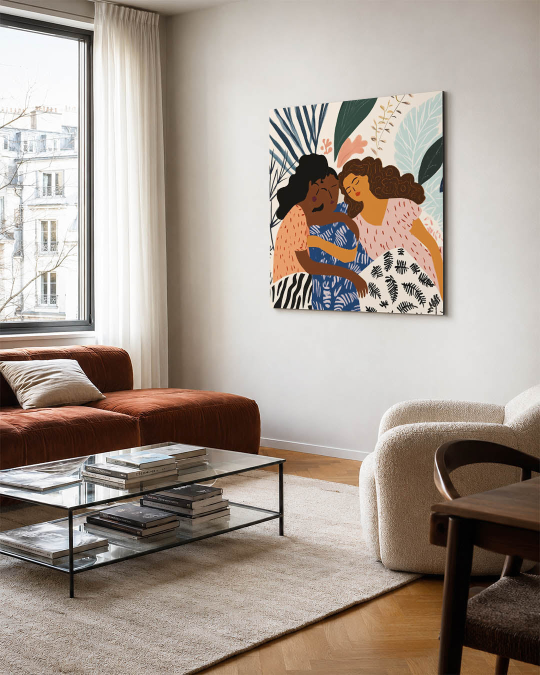 Vriendschap en natuur kunstwerk – vierkante wanddecoratie – dit kunstwerk toont drie figuren in een omhelzing, omringd door