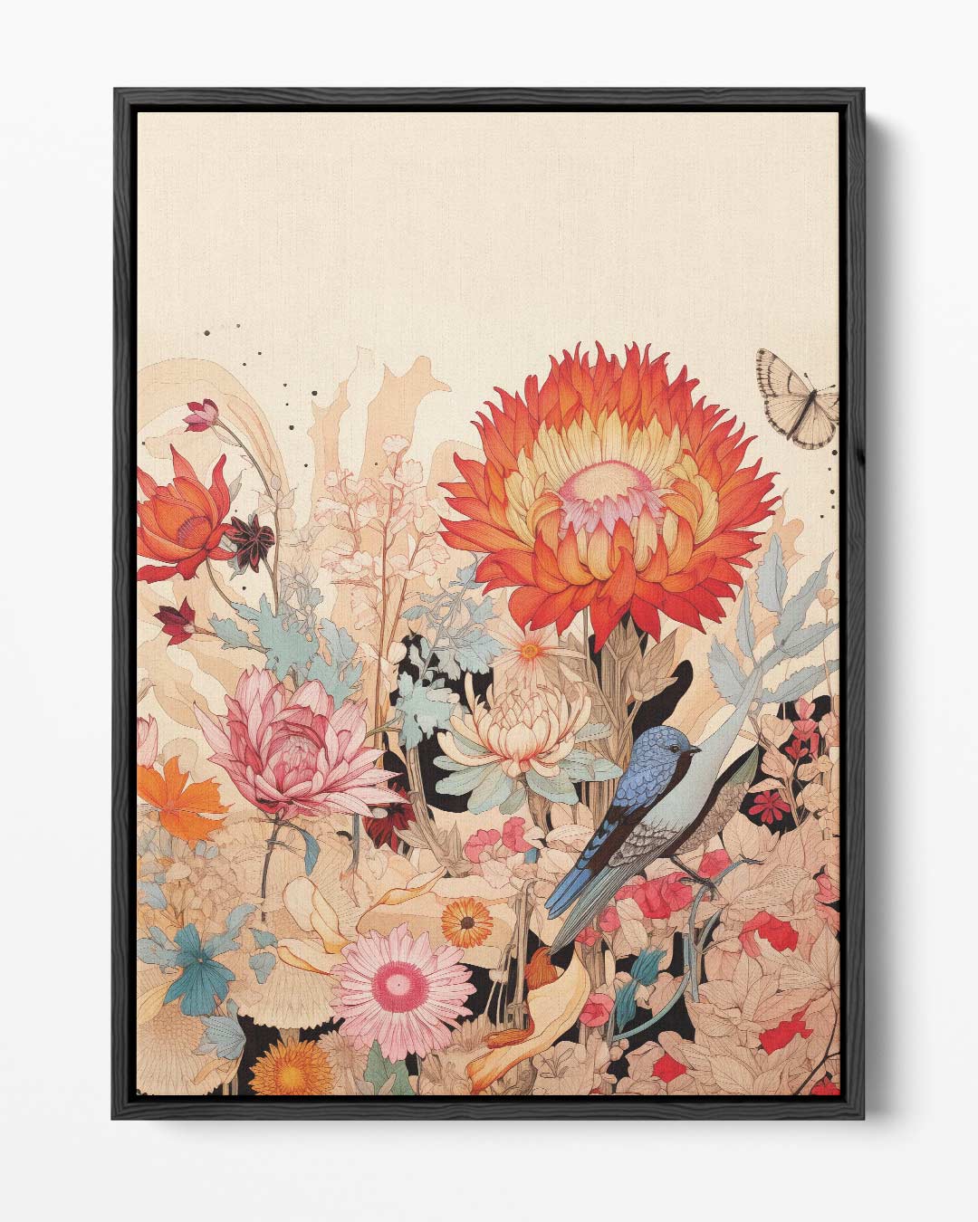 Vrolijke Bloemnatuur met Blauwe Vogel – portret kunstwerk als wanddecoratie