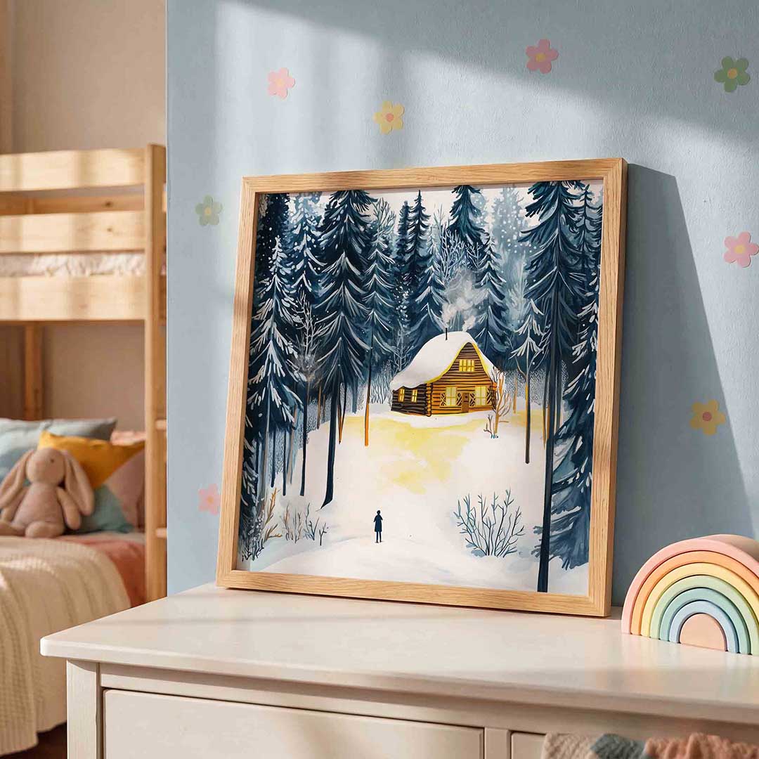 Sneeuwlandschap met houten huis – speelse wandkunst als vierkante kinderposter