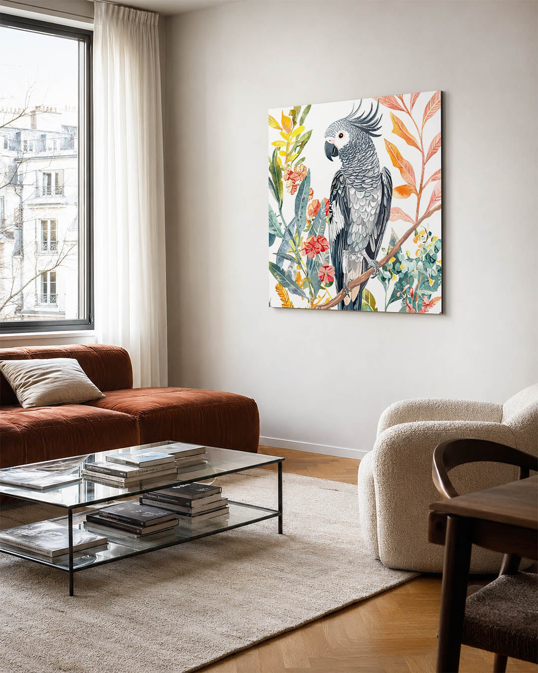 Vrolijke papegaai kunstwerk – vierkante wanddecoratie – dit kunstwerk toont een gedetailleerde papegaai omringd door
