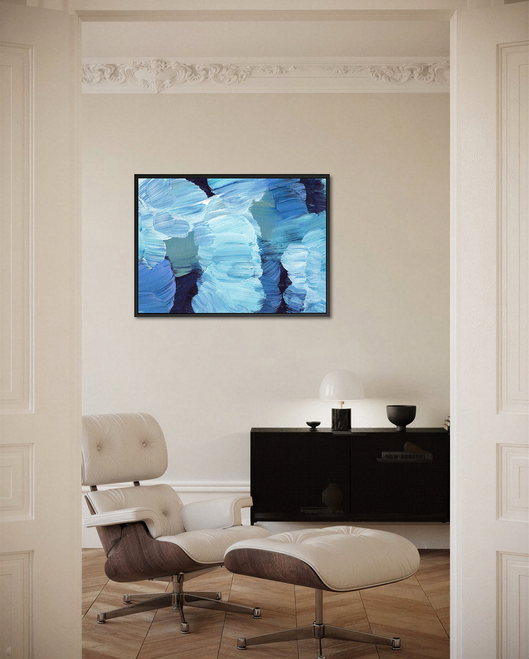 Dynamische blauwe vormen – liggende wanddecoratie