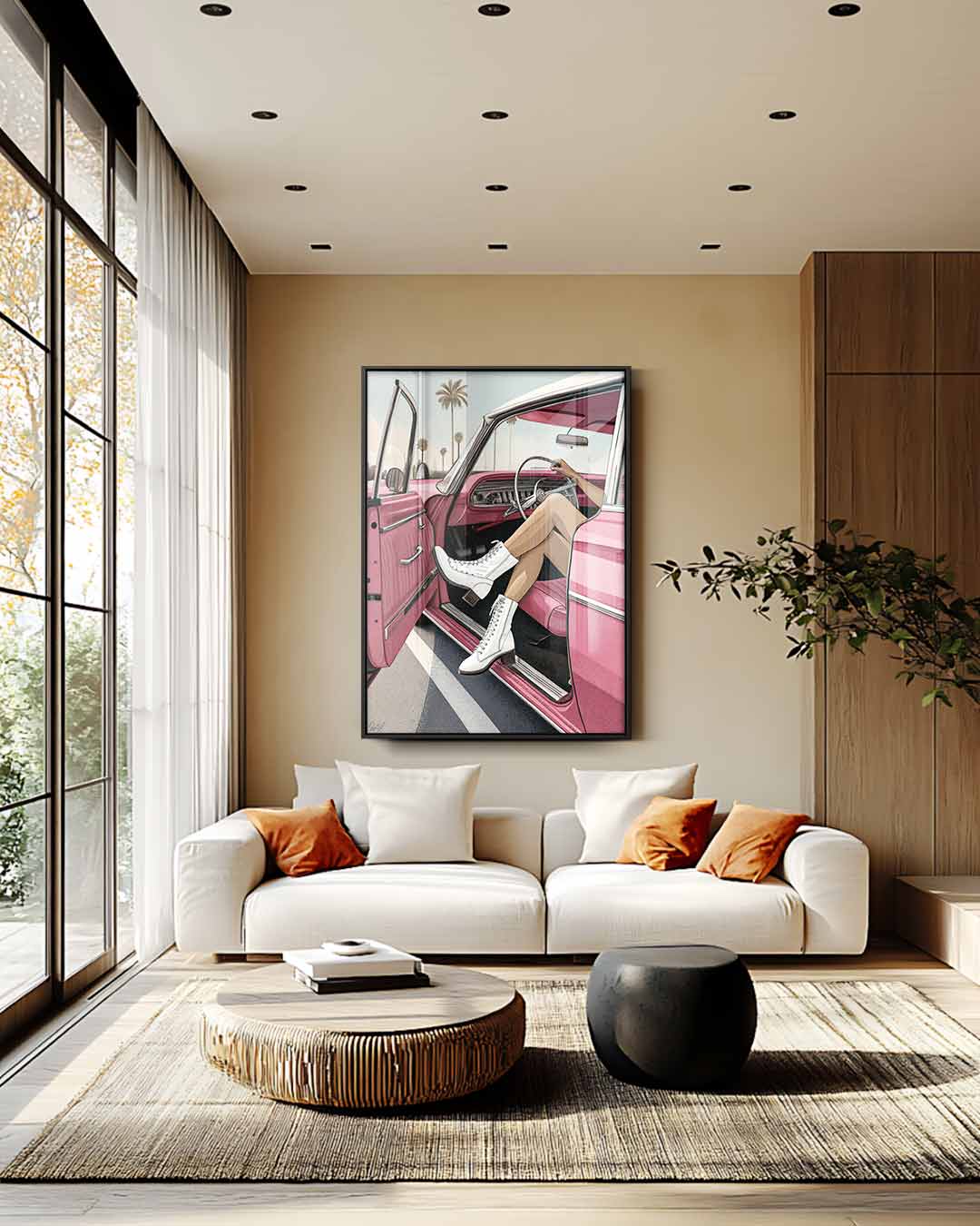 Zonnige Dag in de Retro Cabrio – plexiglas wanddecoratie in portret formaat