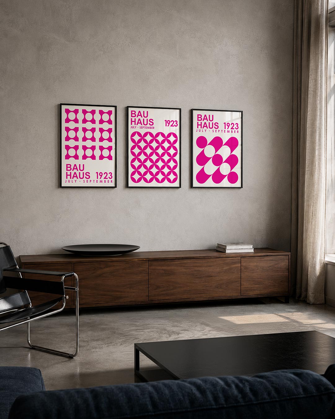 Vorm en ritme driedelige posterset – deze posterset in drie delen toont een levendig spel van roze en wit. Herhalende vormen