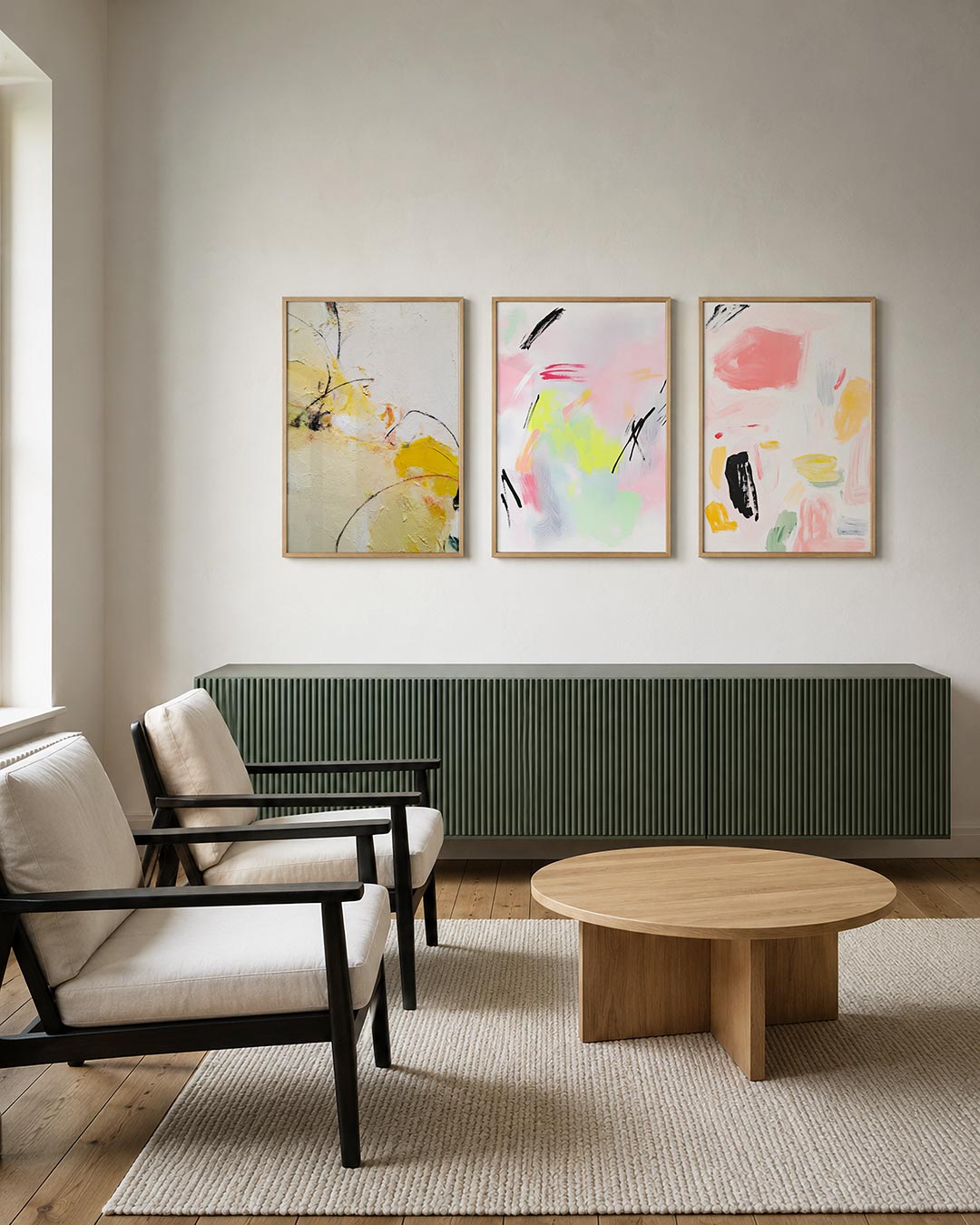Kleur en lijnenspel posterset – tweede productweergave – deze posterset in drie delen toont een speelse mix van gele