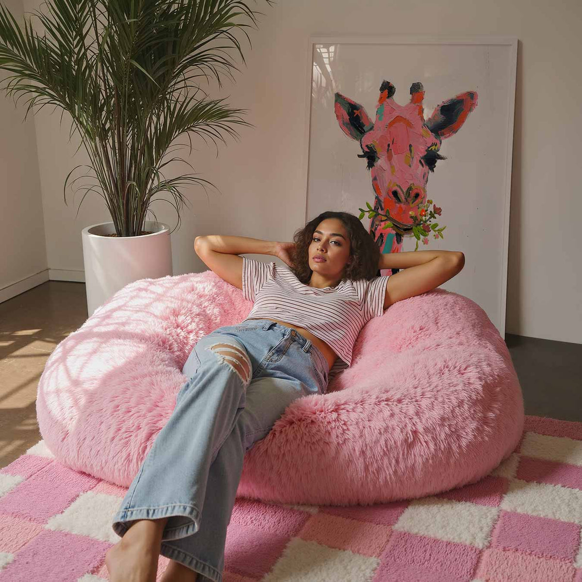 Kleurrijke Giraffe met Bloemen – staande muurposter met Popart uitstraling