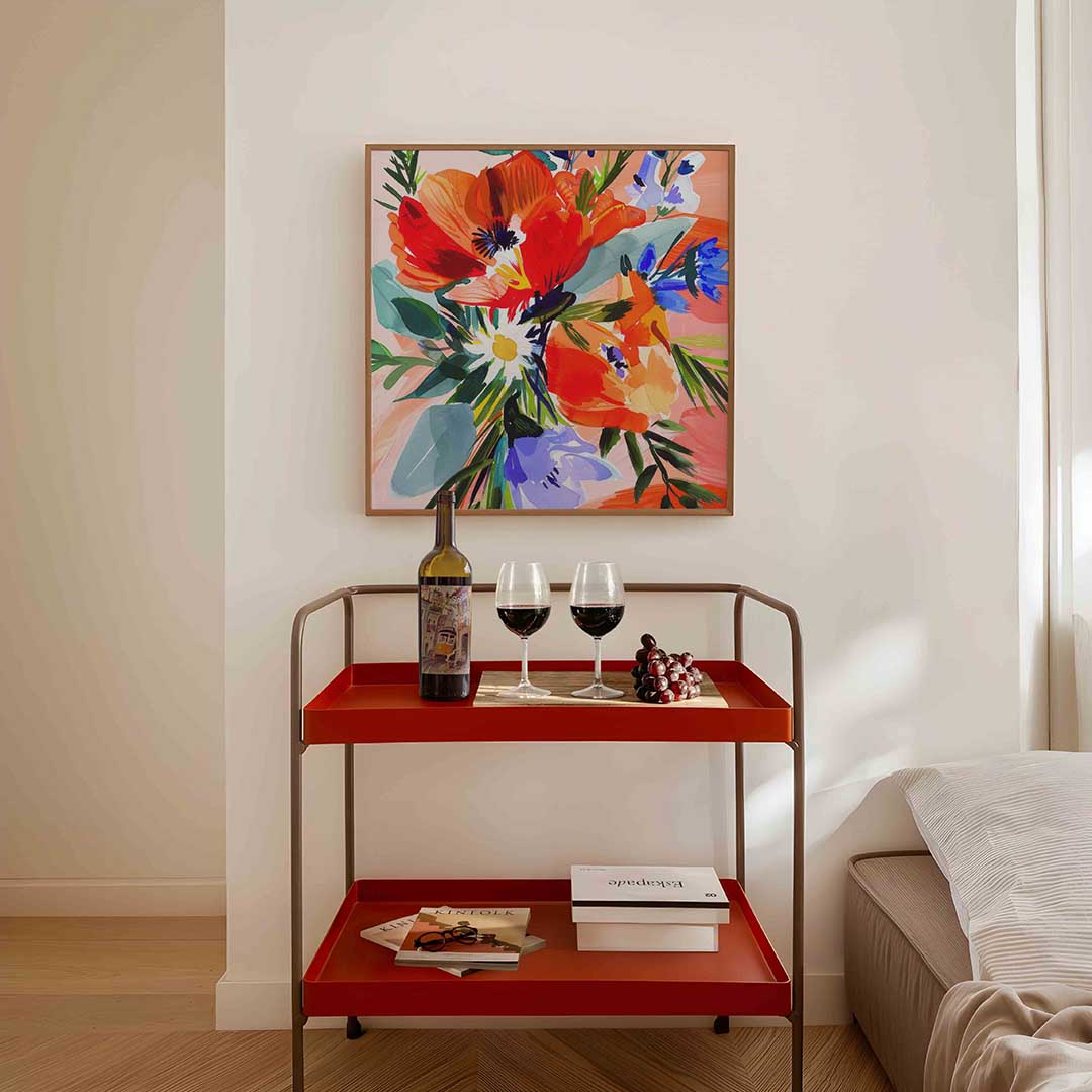 Bloemen in levendige kleuren – vierkante keuken wanddecoratie van WallArtistic