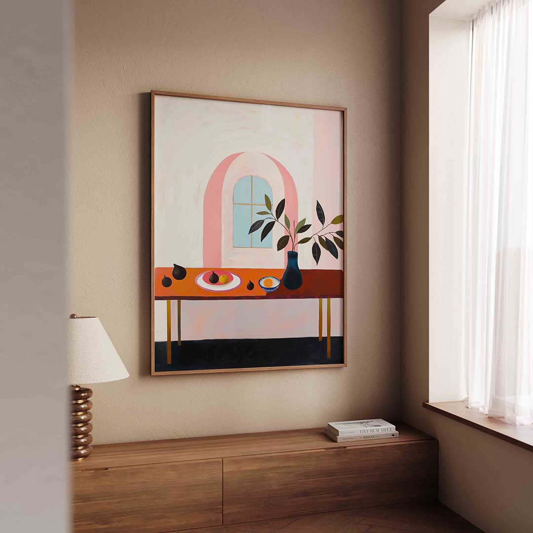 Stilleven met tafel en raam – tropische wandkunst als portret poster
