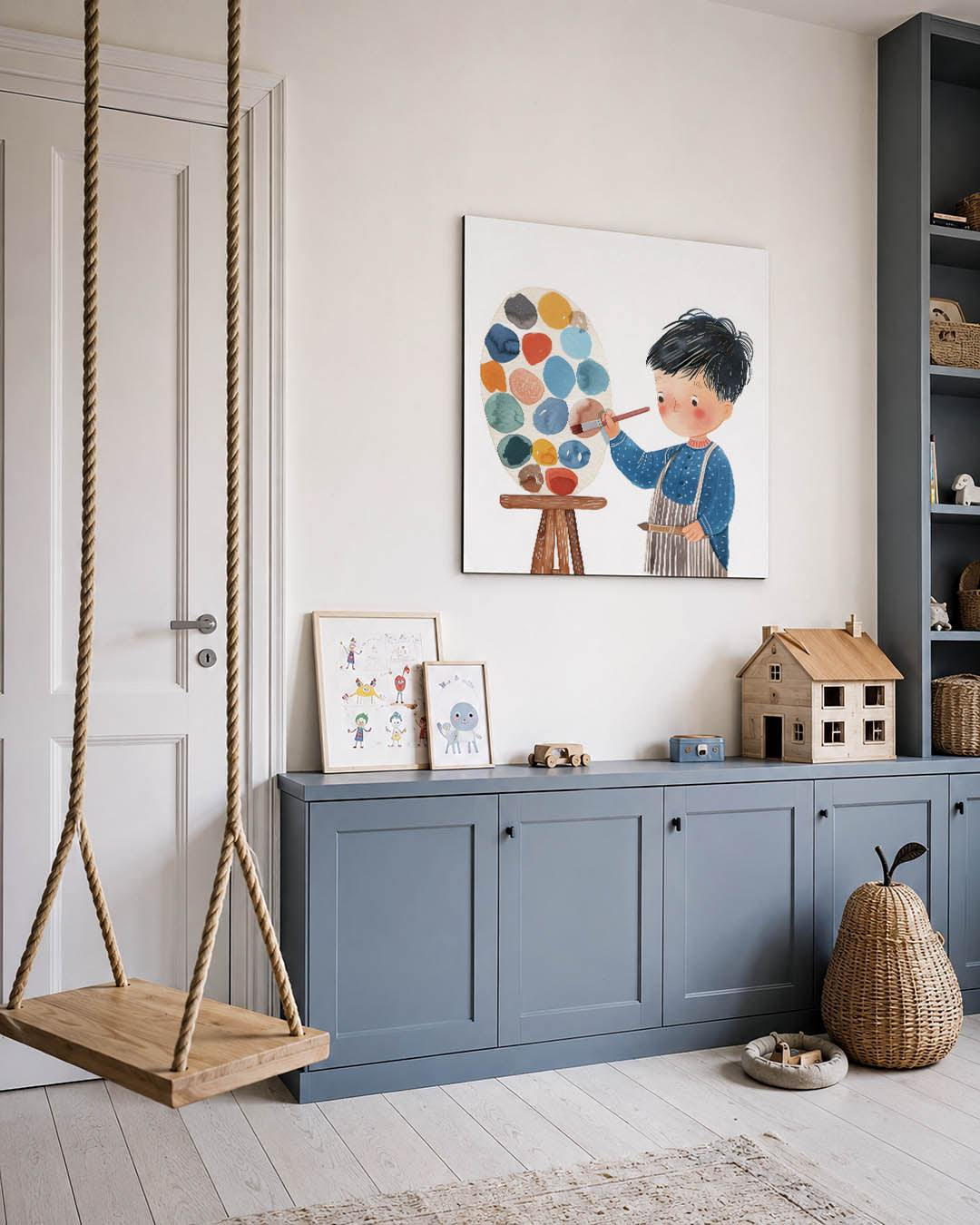 Speelse kleurenpalet kunstwerk – vierkante wanddecoratie – een kind met een penseel staat voor een groot palet vol kleurrijke