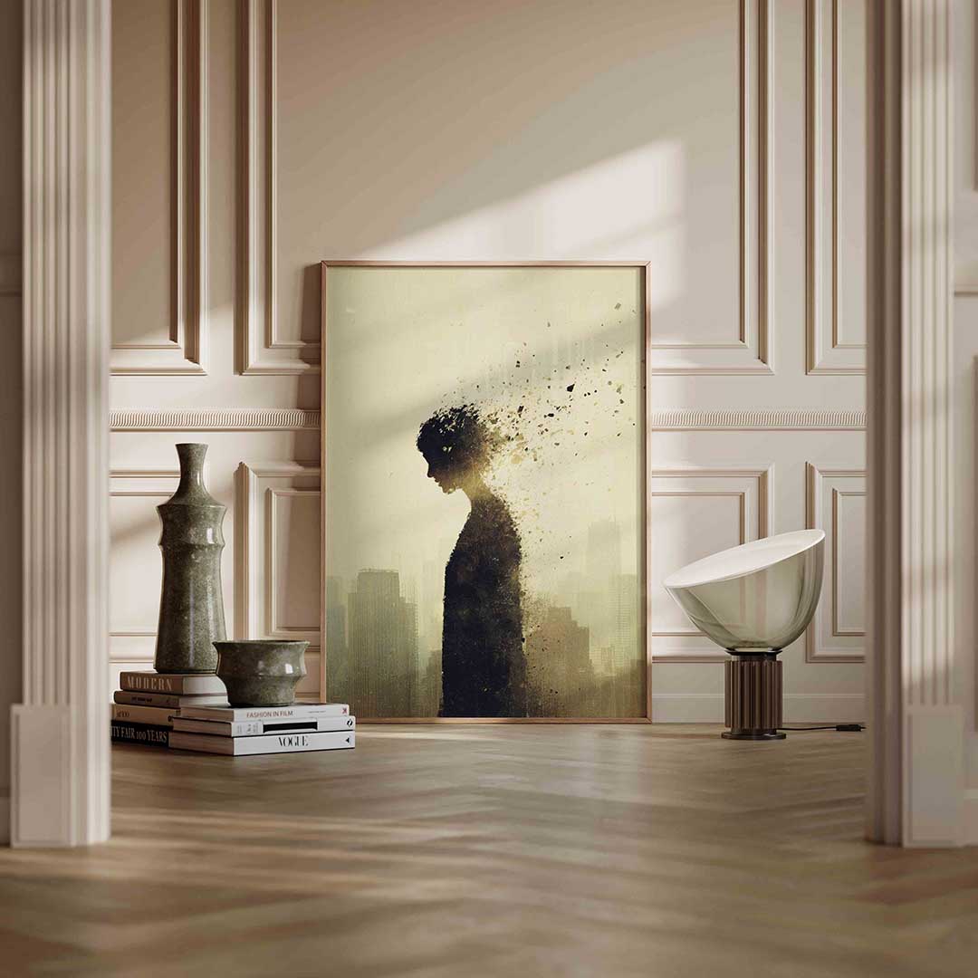Stadssilhouet met figuur – staande abstracte wanddecoratie van WallArtistic