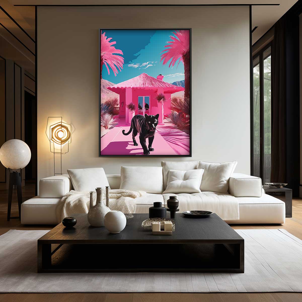Panther in een Roze Paradijs – modern portret kunstwerk van WallArtistic