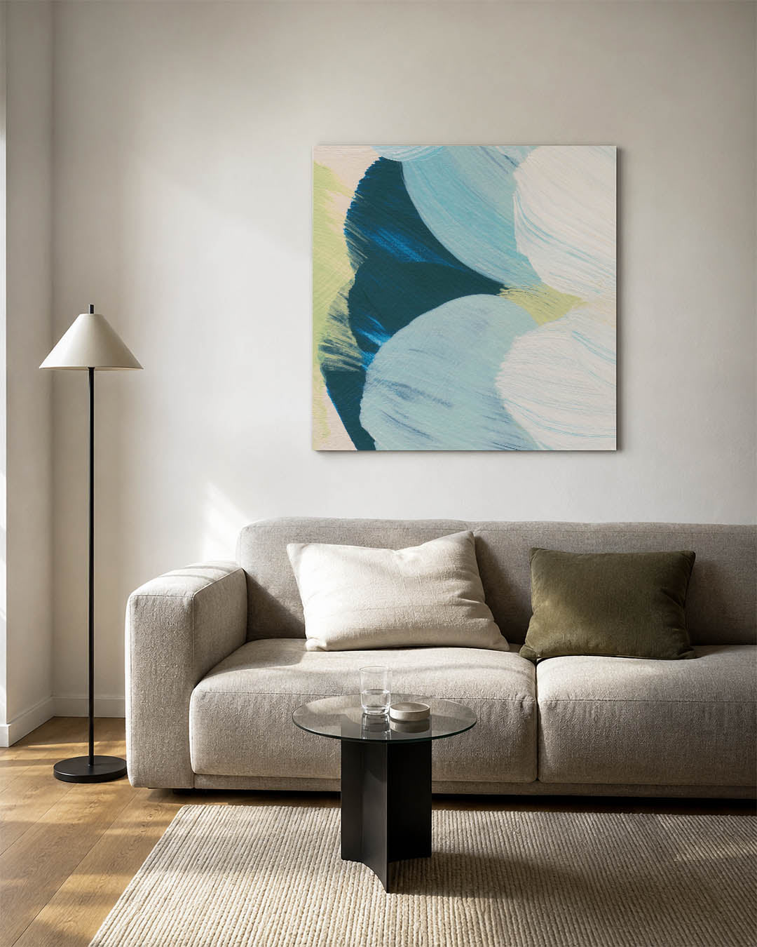 Organische kleurencompositie kunstwerk – detailweergave – dit werk toont vloeiende vormen in zachte tinten, met een dynamisch
