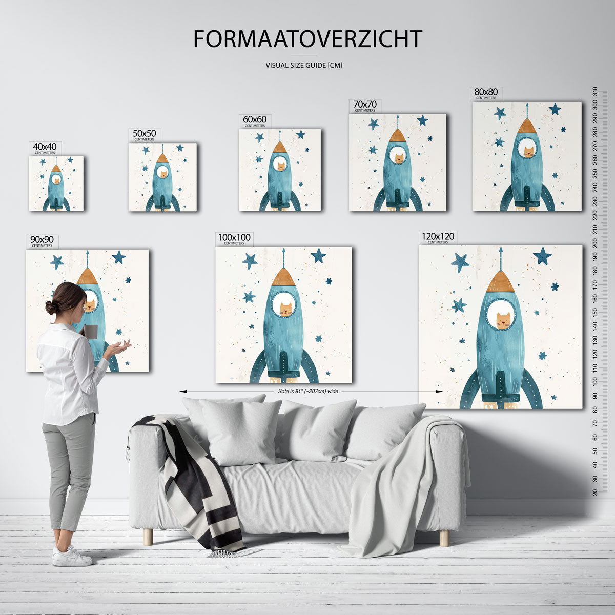 Kat in raket – vierkante muurposter voor de kinderkamer