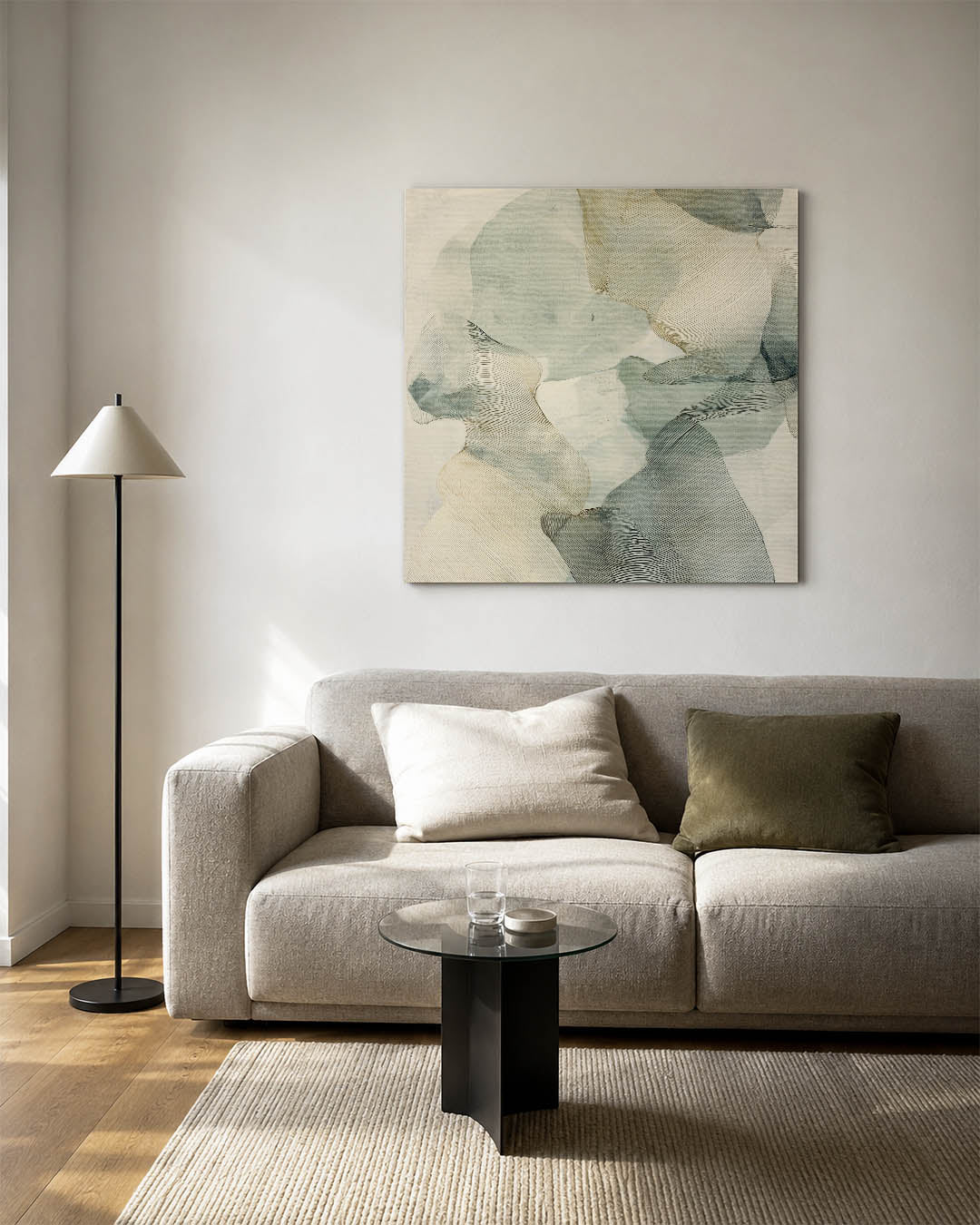 Organische vormen kunstwerk – vierkante wanddecoratie – dit werk toont vloeiende, overlappende vormen in zachte tinten. De