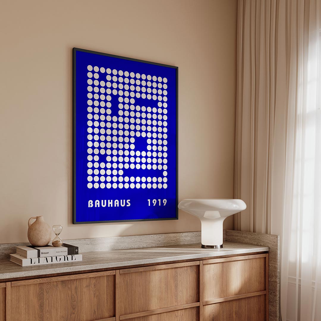 Cirkelpatroon blauw – geometrische Bauhaus poster in staand formaat