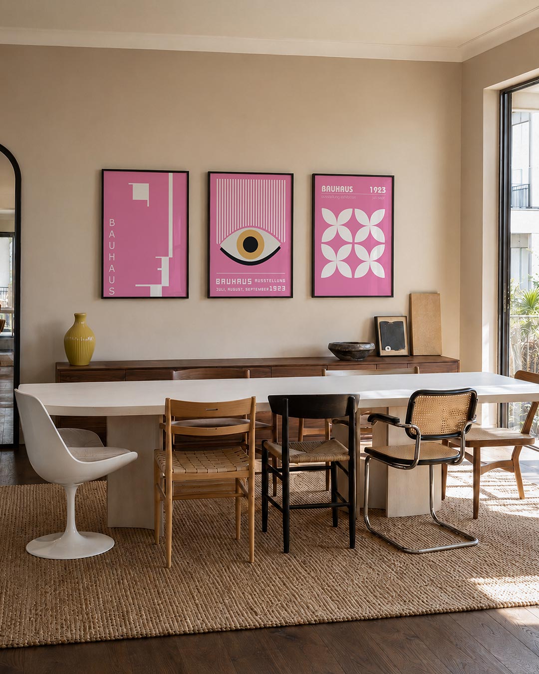 Vormen en vlakken driedelige posterset – deze posterset in drie delen speelt met roze kleurvlakken en witte lijnen. De